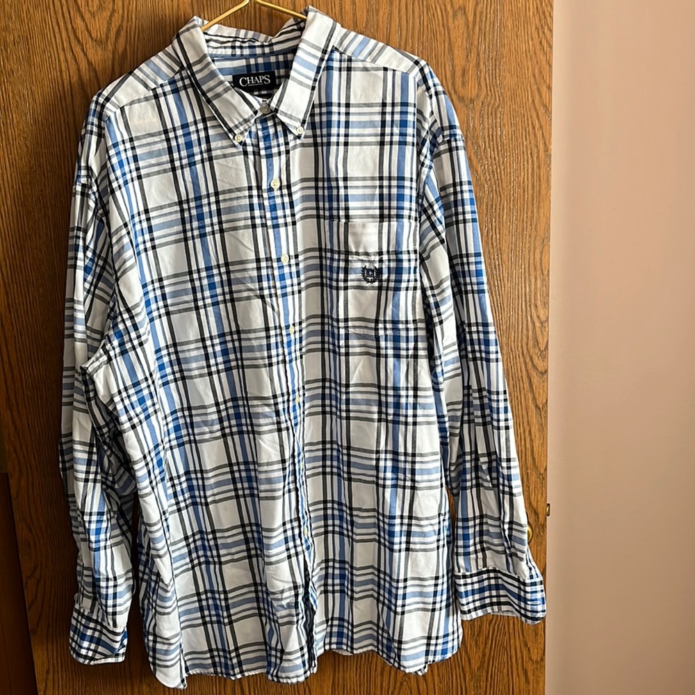 Chaps easy care men’s button down. Navy blue, royal blue and white plaid.